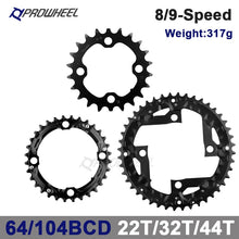 Laden Sie das Bild in den Galerie-Viewer, PROWHEEL MTB Chainring 64/96/104 BCD Triple Plate 8 9 10 11 Speed 22/32/42T Sprocket 22/32/44T Chainwheel 22/30/40T Crwons
