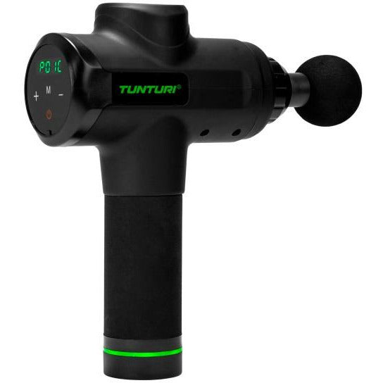 Black Tunturi Massagepistole, 20 Stufen, 4 Kopfstücke, LED-Touchscreen, schwarz/grün